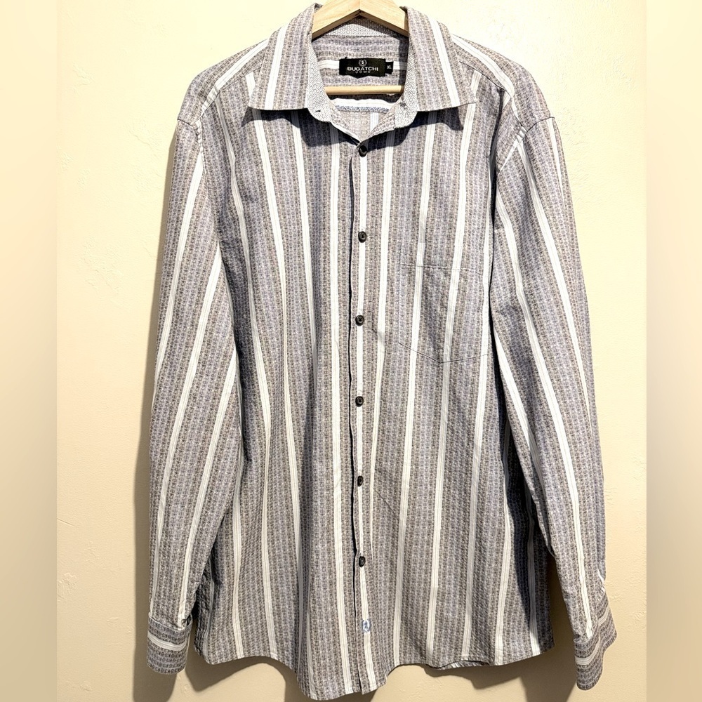 Bugatchi Men's Button Down Dress Shirt Cotton Blue White Striped Textured XL
